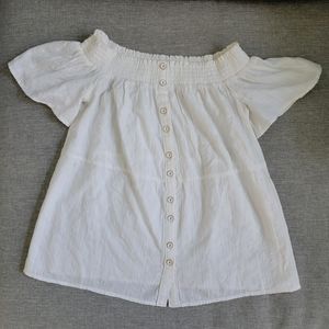 Anthropologie Lucille Off The Shoulder White Smocked Button Front Cotton Blouse